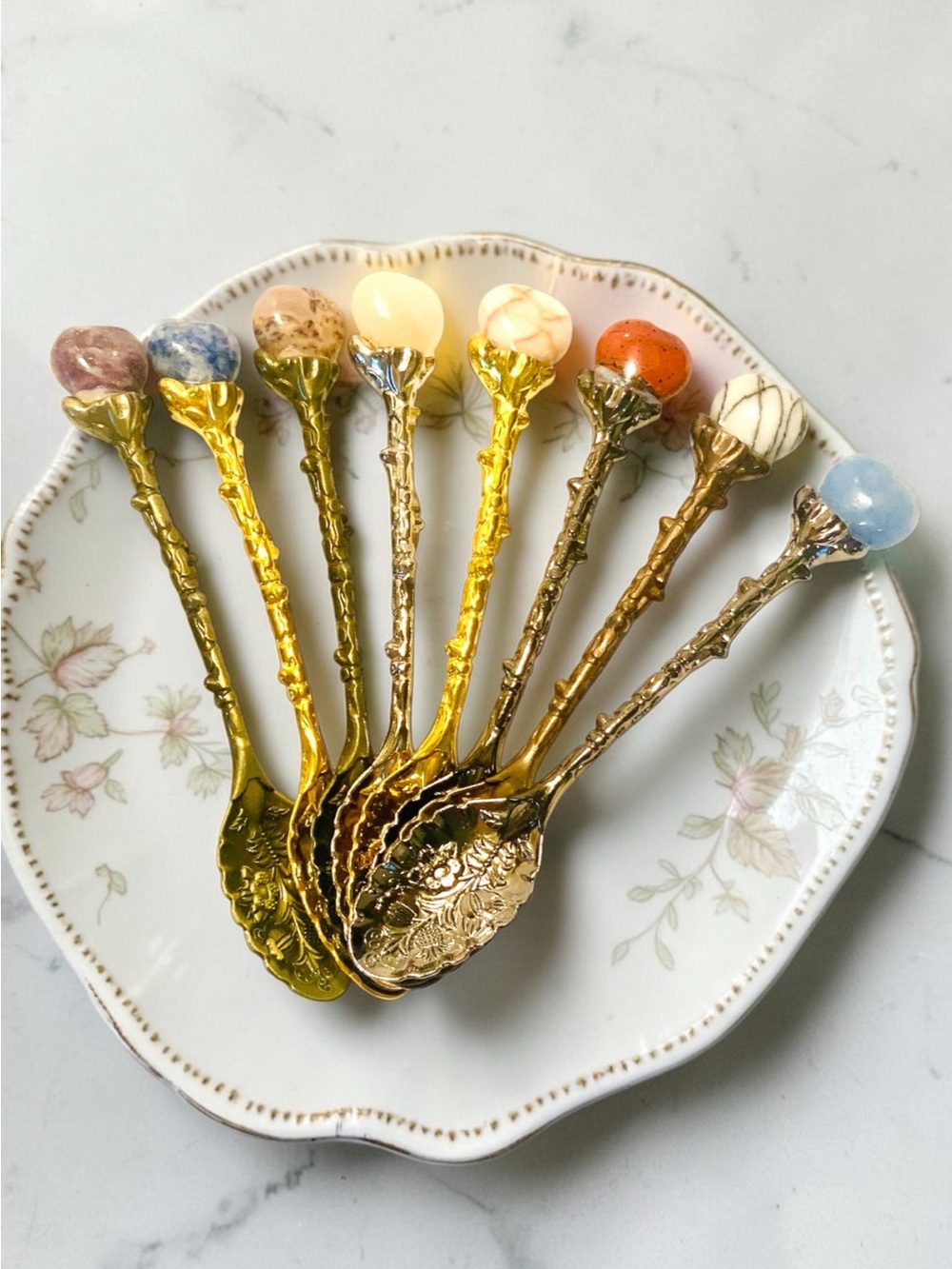 Ornate Decorative Assorted Metal & Heart Stone-Top Dessert Spoons. Hand tooled. - Picture 3 of 5